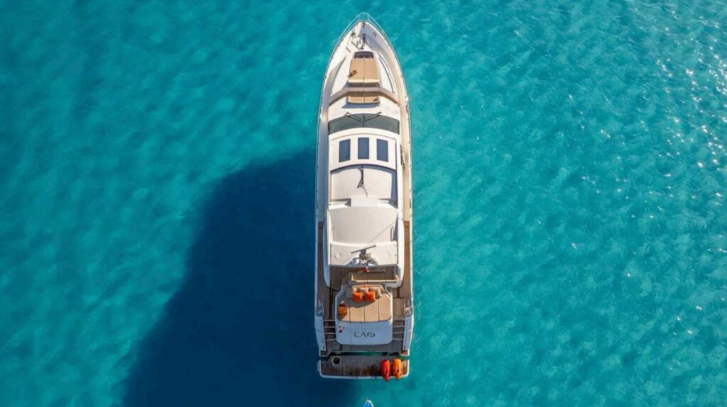 Vue aérienne d’un yacht sur eau turquoise
